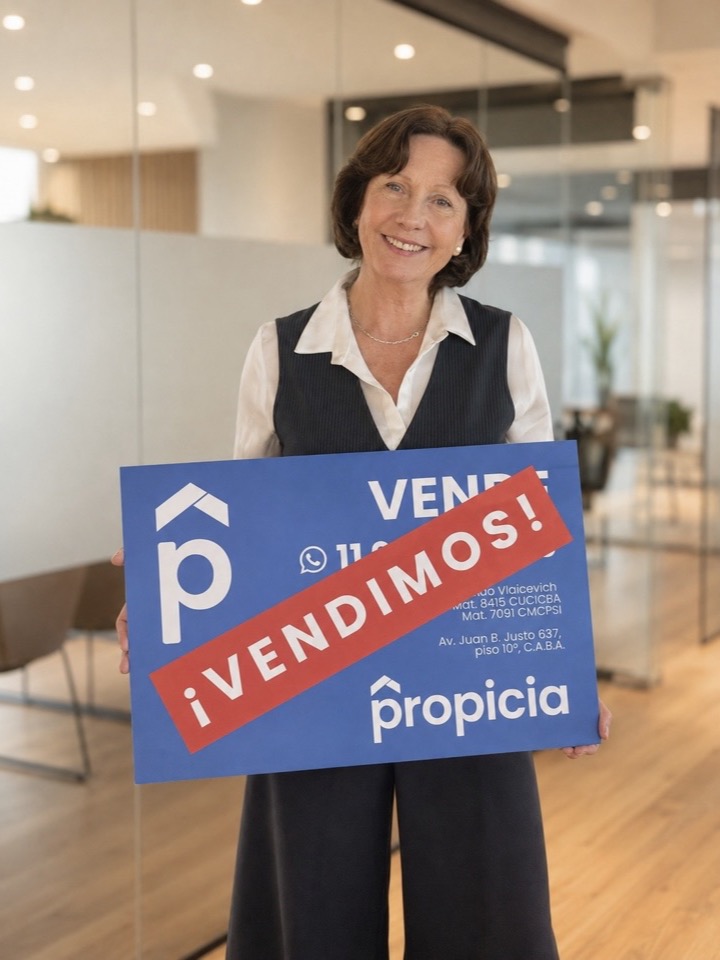 Agente de Propicia con el cartel ¡Vendimos!